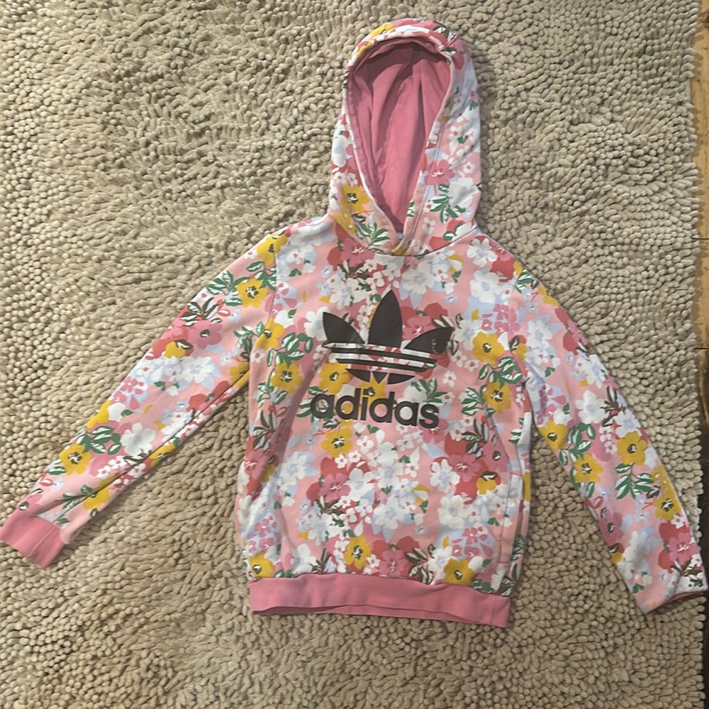 Size 7/8 2 Adidas sweat shirts 1 wind breaker and 1 flannel shirt